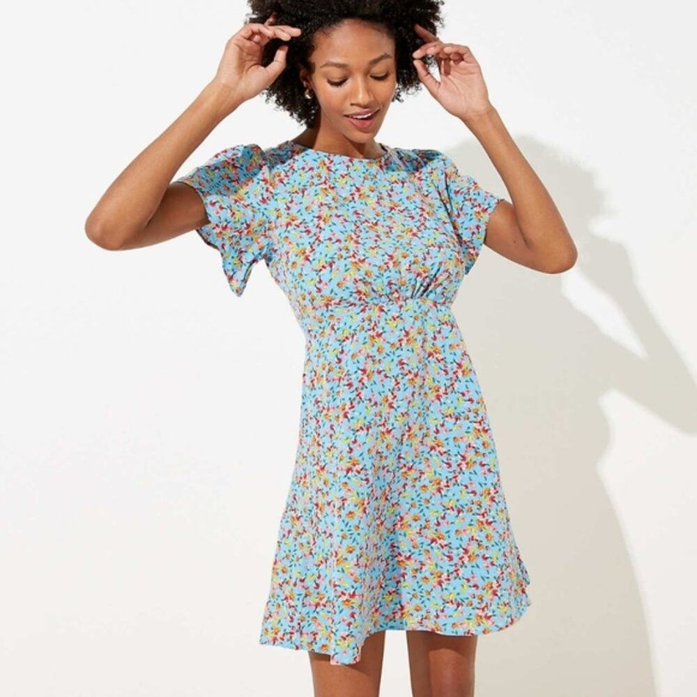 LOFT Ann Taylor Blue Floral Ruffle Dress